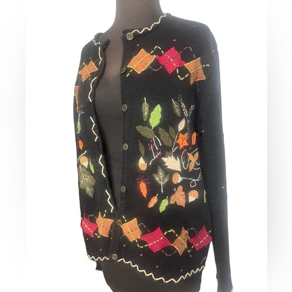 Vtg 90s Fall Embroidered Leaf Argyle Knit Sweater Grandpa Cardigan Womens Large - Picture 1 of 7